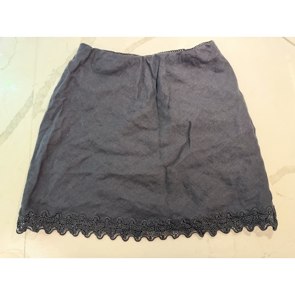 J.Crew Gwen Lace Trim Slip Mini Skirt XXS 100% Linen Black Pull On Elastic Waist